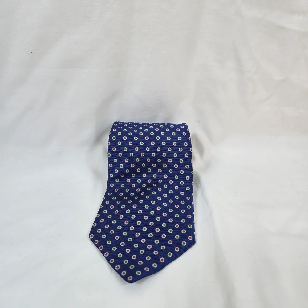 Lauren Ralph Lauren Blue White Red Green Polka Dot Hand Finished Career Silk Tie